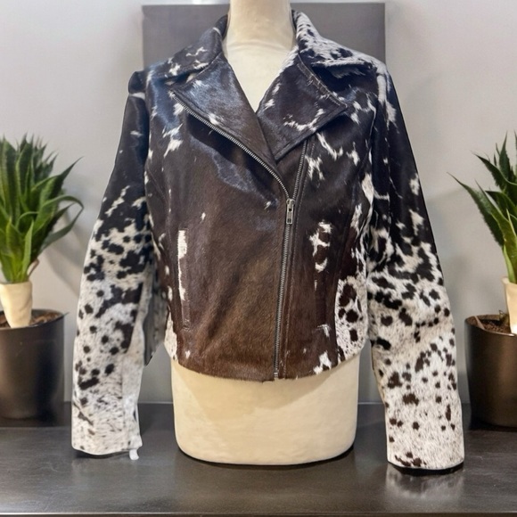 NEW CUSTOM London Fringe Dappled Pony Print Hair Calf Moto Jacket Black Brown L - Picture 2 of 11